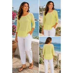 Chico's Womens Size 0 S Yellow Crochet‎ Trim Slub Knit Tunic Top 3/4 Sleeve Boho